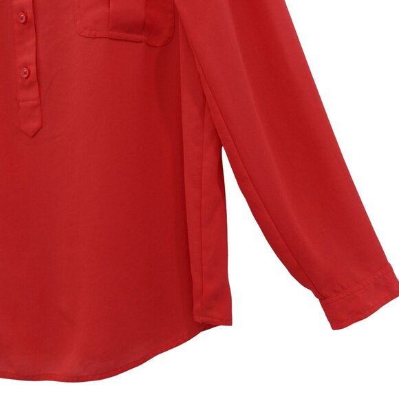 Ann Taylor LOFT Popover Blouse Sz L Red Button Up Long Sleeve Collared Pocket - Picture 4 of 11